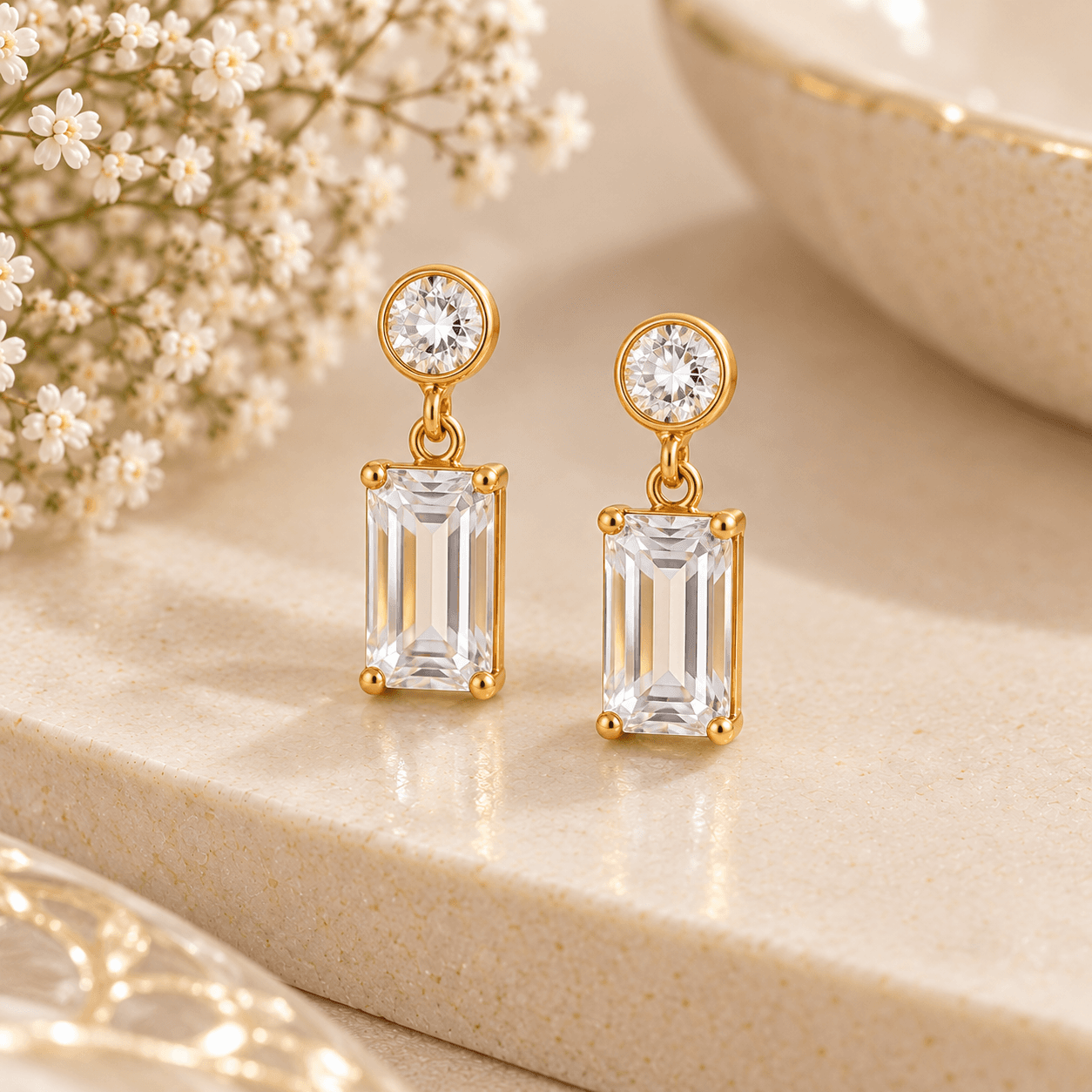 Square baguette crystal drop earrings on gold hooks