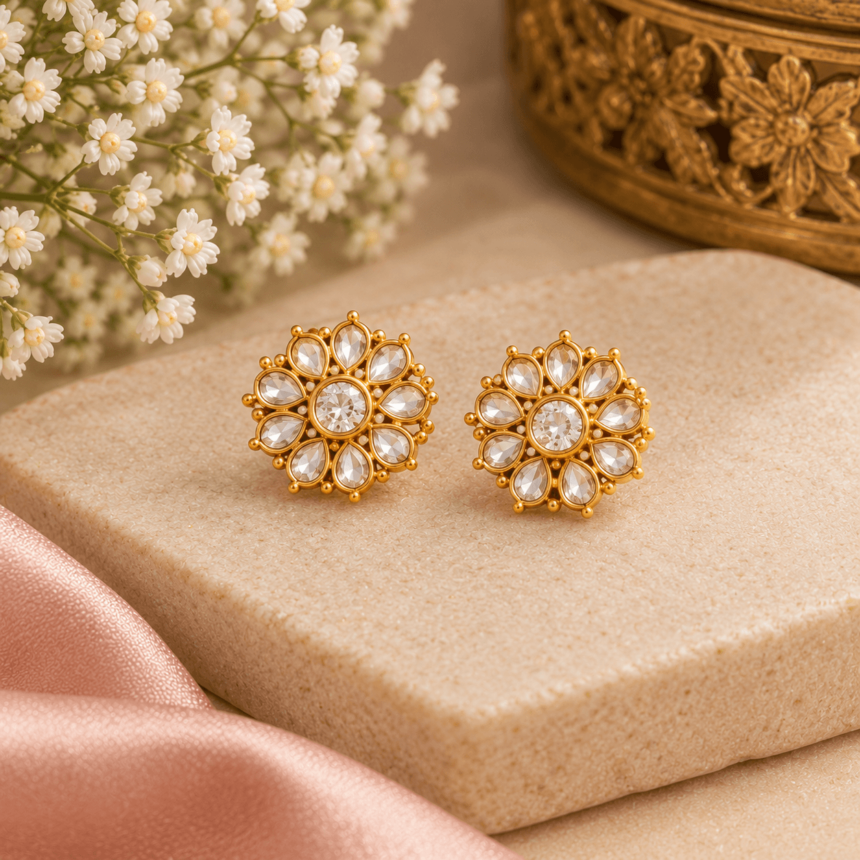 Circular flower Kundan stud earrings in gold