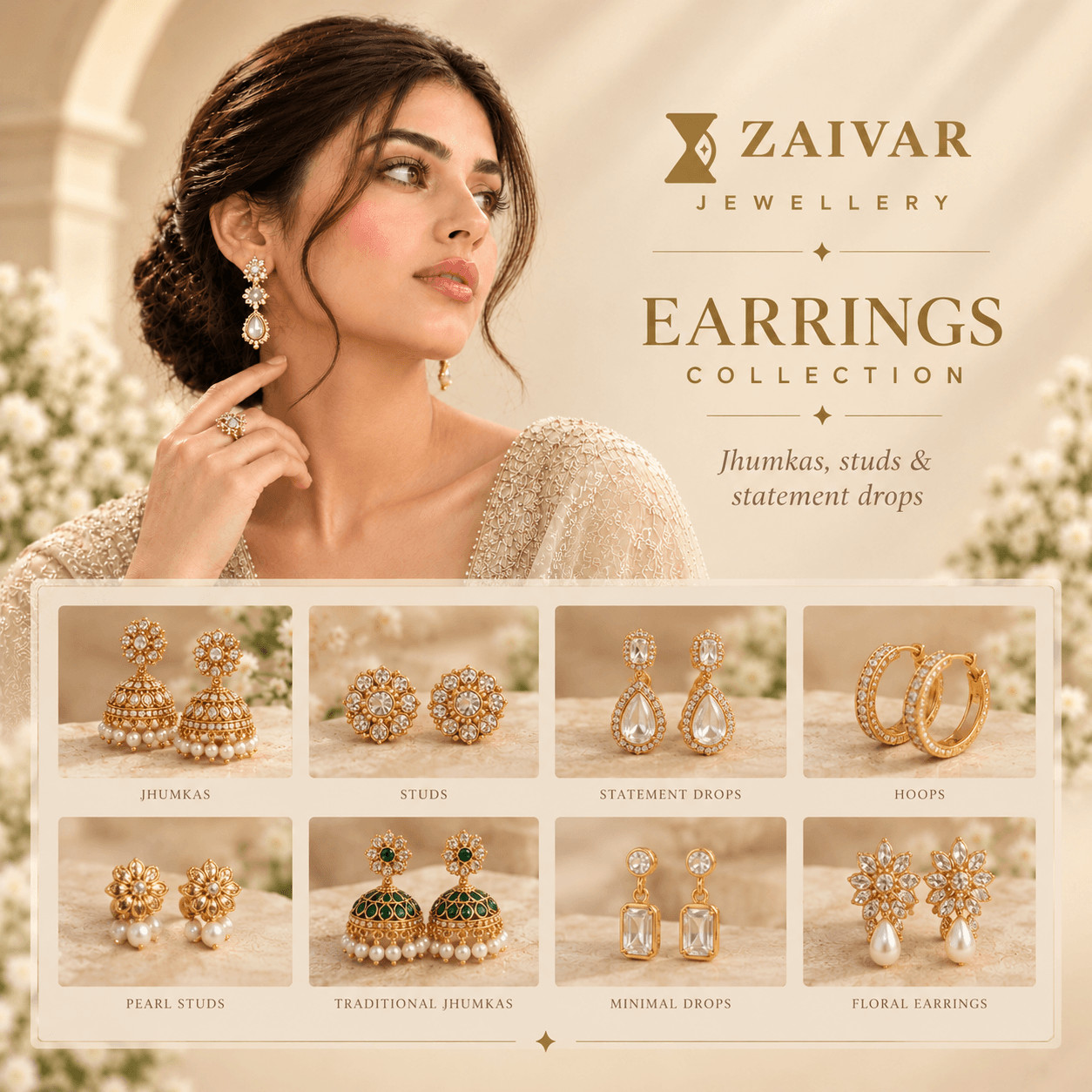 Gold plated jhumka and stud earrings