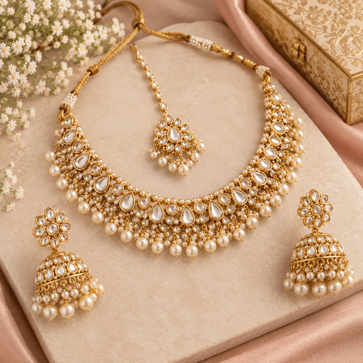 Kundan bridal necklace, jhumkas and maang tikka set