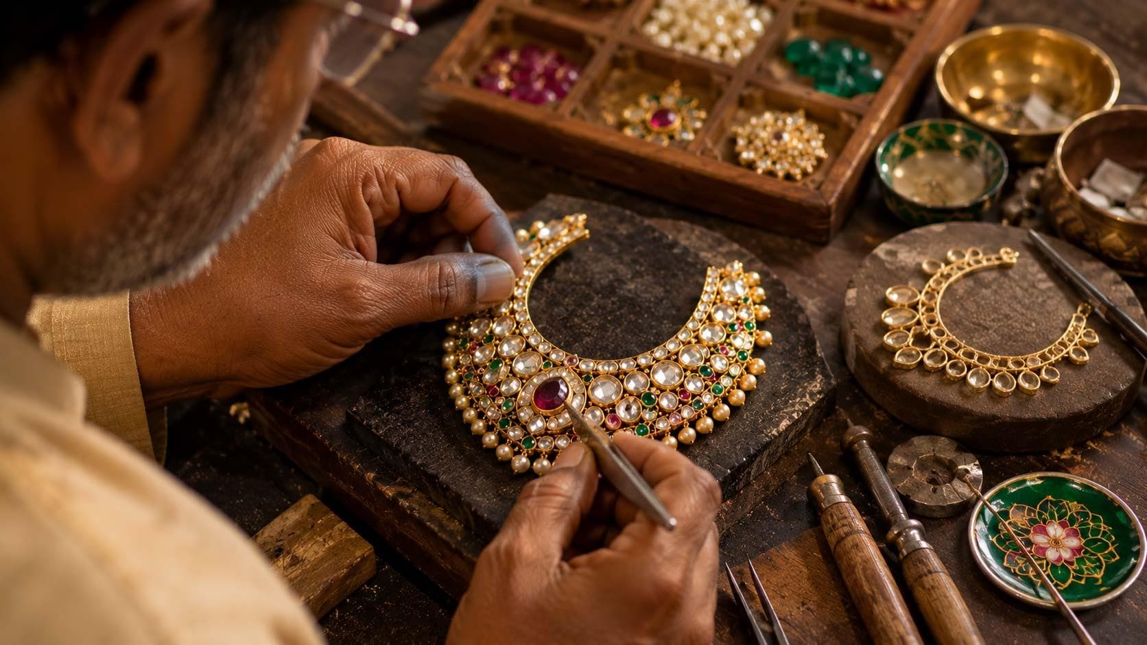 ZAIVAR artisan arranging a kundan jewellery set